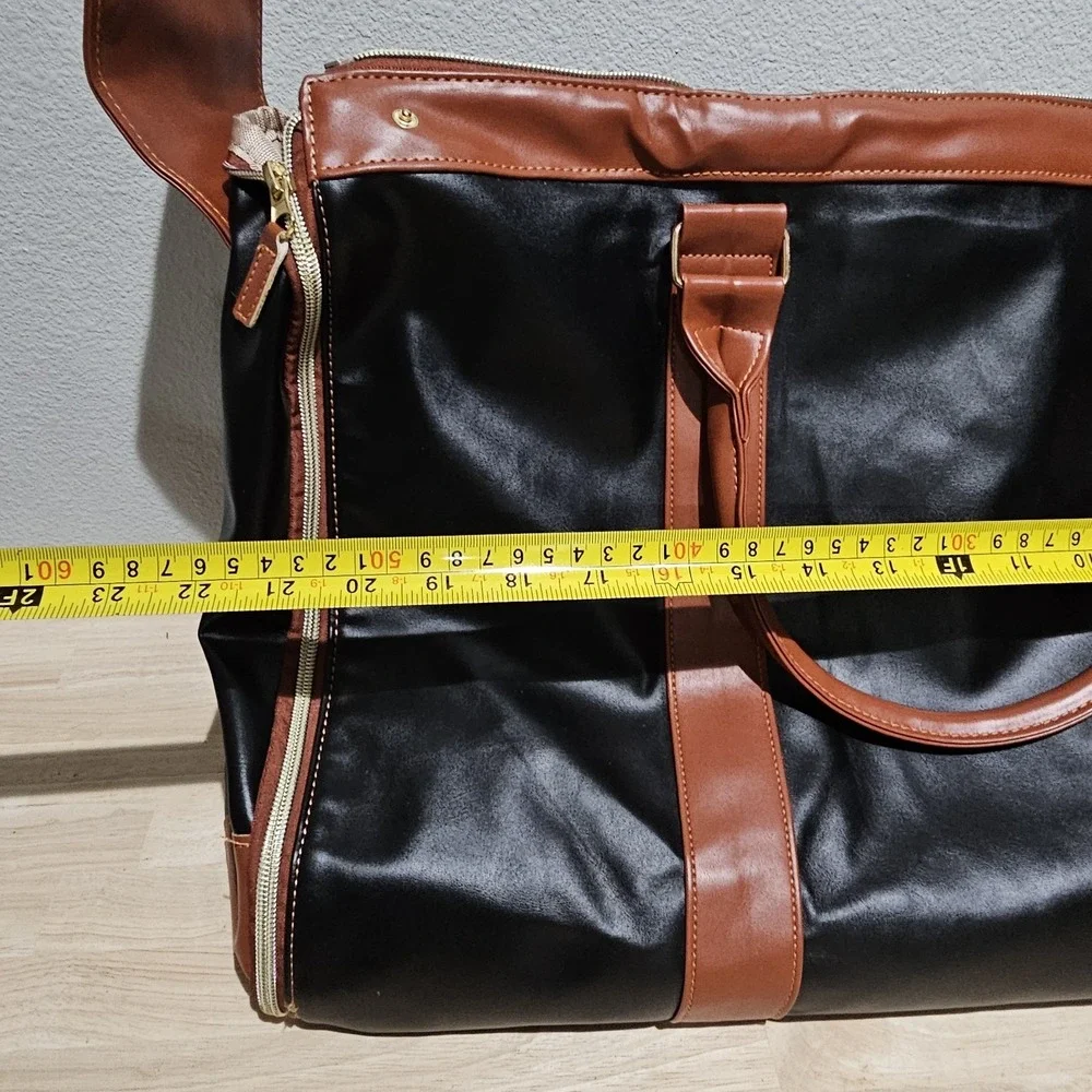 Large Fold-Out Travel Garment Bag Faux Leather Tote Bag Black Brown Shoulder